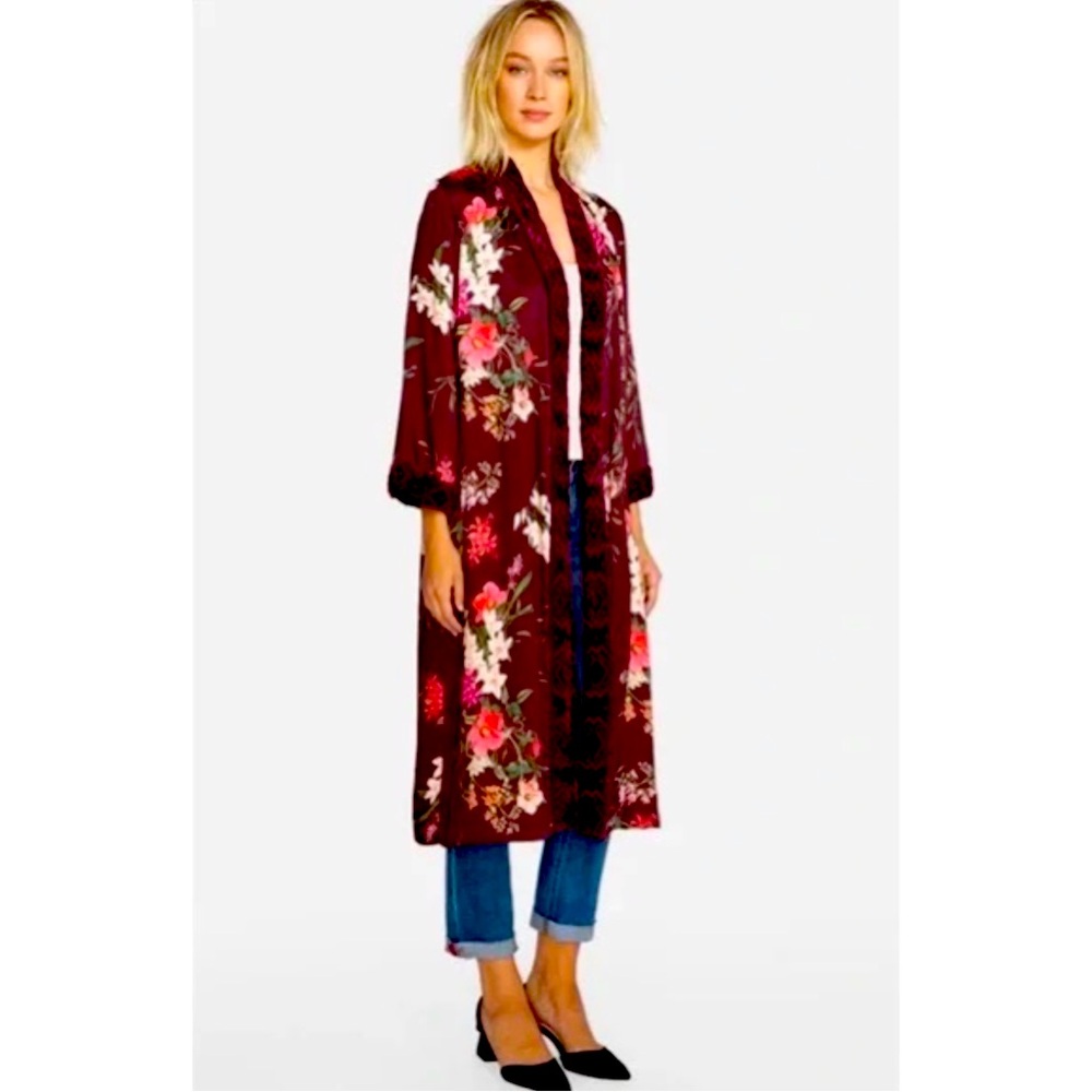 Johnny Was Burgundy Floral Velvet Mix Kimono XS NWOT